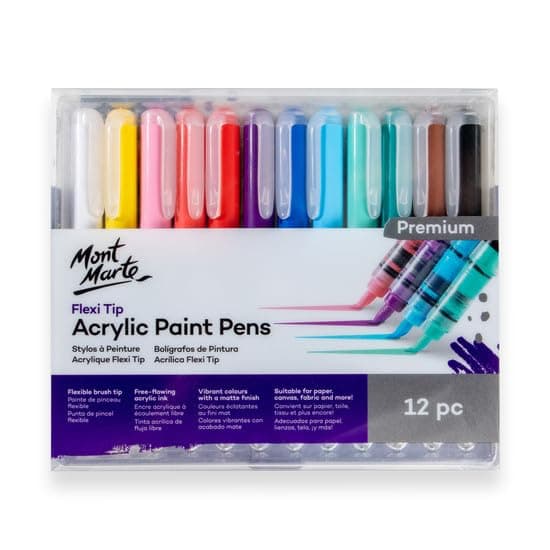 Mont Marte Flexi Tip Acrylic Pens Set of 12,flexible brush tip, Brush Pen Set of 12