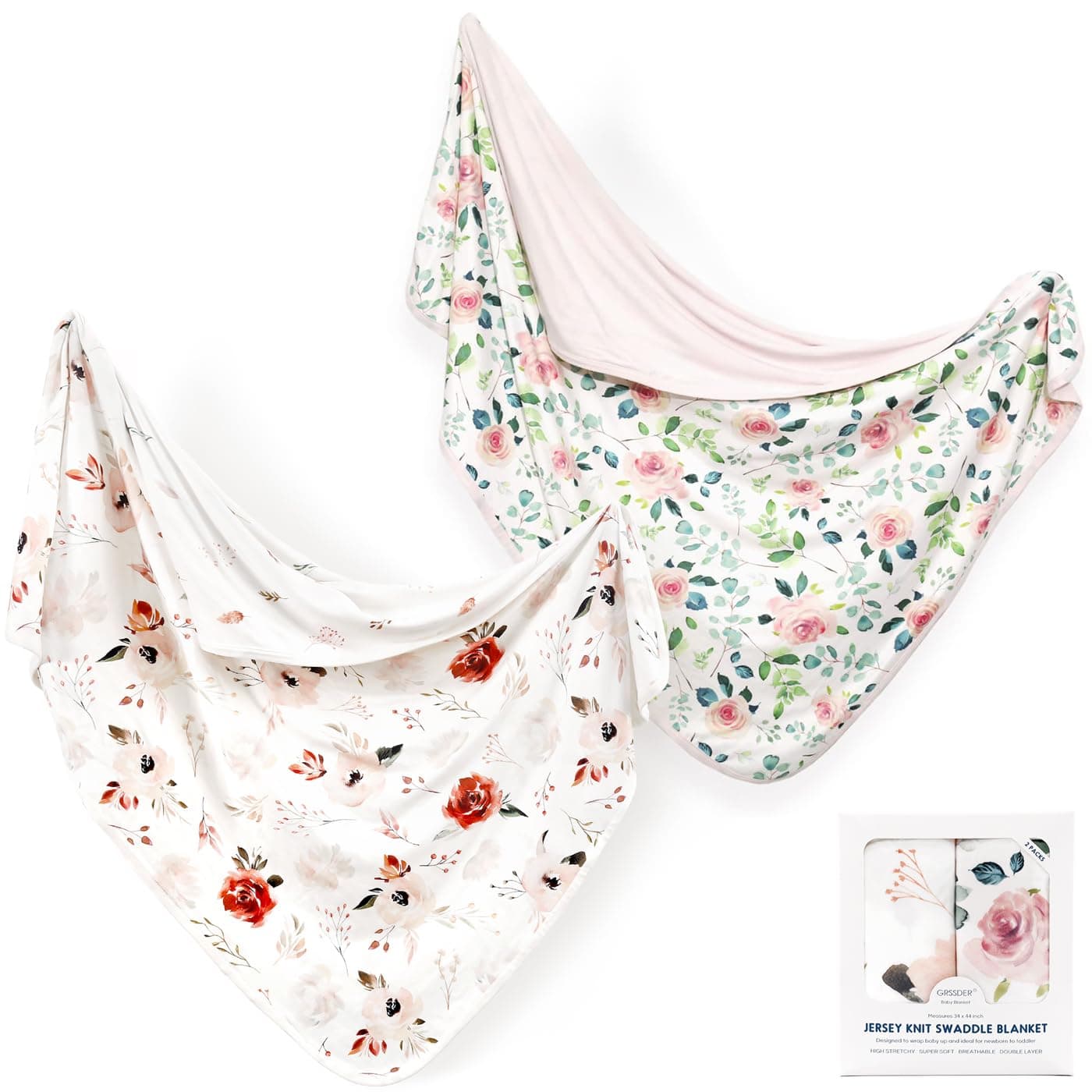 GRSSDER Baby Blankets Super Soft Jersey Knit Swaddle Blanket 2 Pack for Baby Girls and Boys Double Layer Receiving Blankets 34 x 44 Inches Extra Large for Baby Show Gift Orange Pink Rose