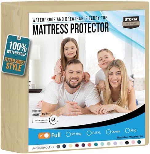 Utopia Bedding Waterproof Mattress Protector Full Size, Premium 200 GSM Terry Mattress Cover, Soft & Breathable Bed Cover, Fitted Sheet Style with Stretchable Deep Pockets 15" (Beige)