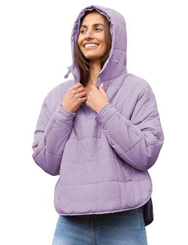AMEBELLE Women's Oversized Hooded Puffer Jacket Quilted Lightweight Winter Warm Pullover Padded Hoodies Coat(2611-LightPurple-M)