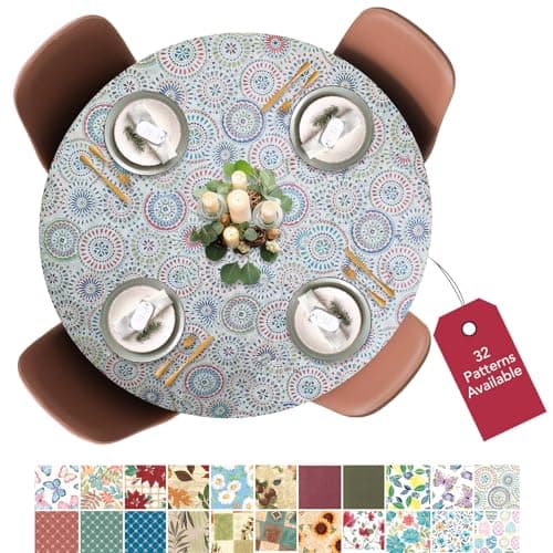 Covers For The Home Deluxe Elastic Edged Flannel Backed Vinyl Fitted Table Cover - Medallion Pattern - Small Round Oblong Oval - Fits Tables up to 40" - 44" Diameter