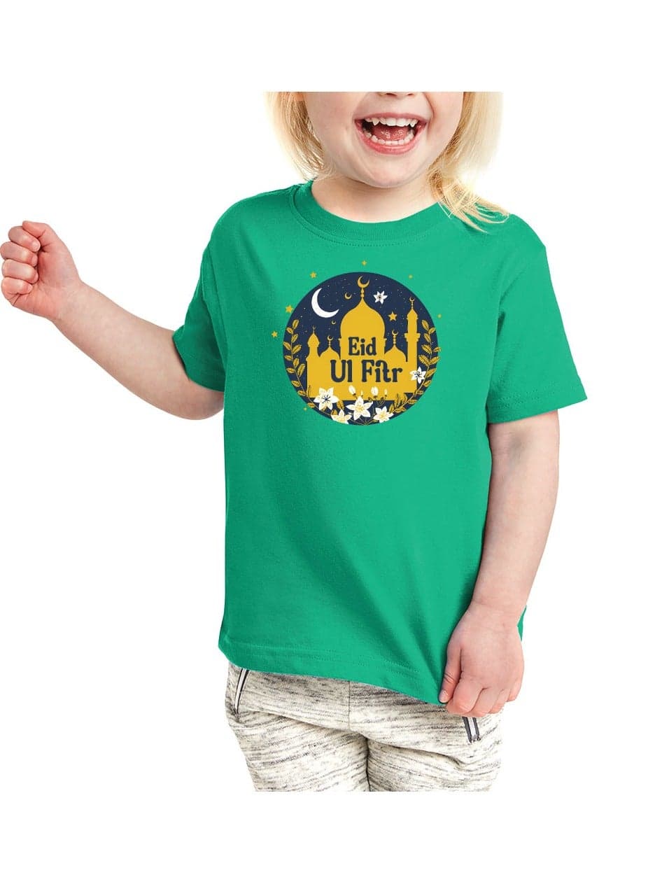 Eid Mubarak Girls Cotton T-Shirt - Round Neck Short Sleeve Tshirt for Girls - Eid Gift for Kids - Fun and Festive Design for Eid Celebrations