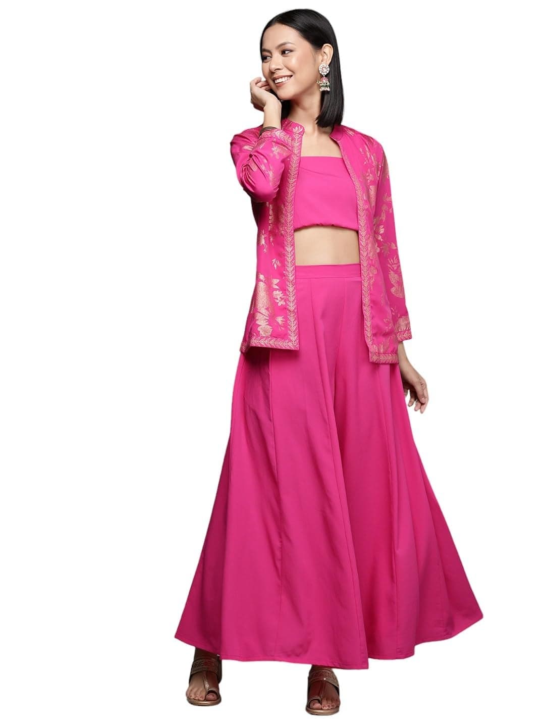 Ahalyaa Pink Solid Crop Top with Palazzos and Printed Shrug