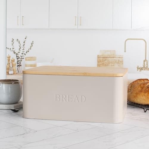 ZICOTO Beautiful Bread Box With Wooden Lid For Your Kitchen Countertop - Spacious Container Perfectly Stores Your Homemade Bread, English Muffins & Bagels - Quality Cutting Board Lid Keeps Loaf Fresh