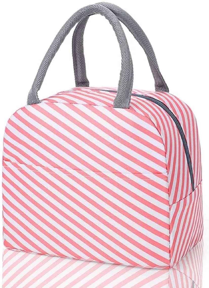 House of Quirk Insulated Lunch Bags Small for Women Work,Student Kids to School,Thermal Cooler Tote Bag Picnic Organizer Storage Lunch Box Portable and Reusable (Pink Stripes, Oxford Fabric)