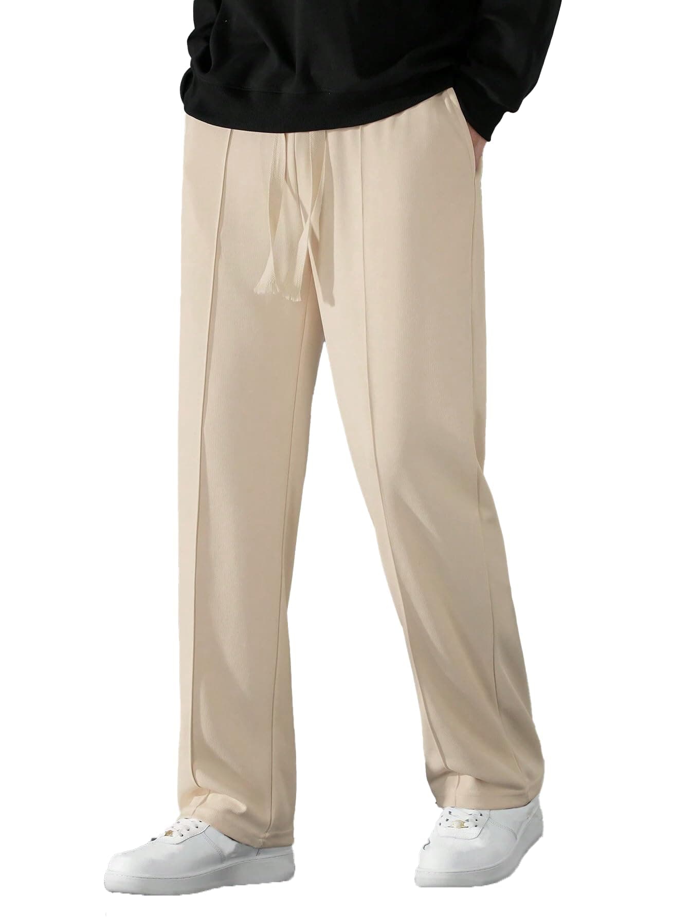 Casual Straight Leg Trousers for Men, Drawstring Waist (in, Alpha, XL, OFFWHITE)