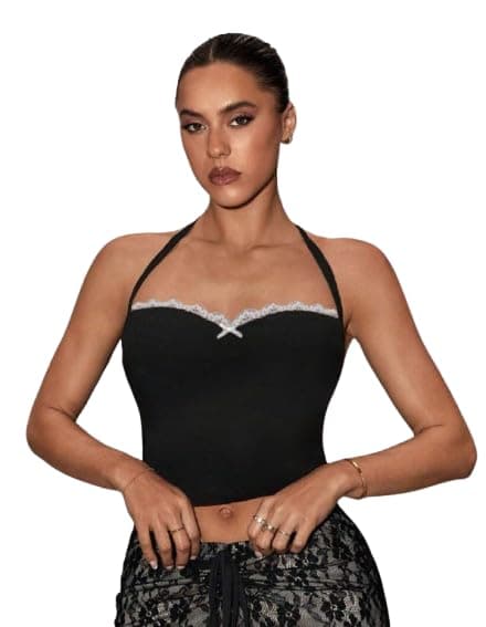 TIVANTE Solid Sweetheart Neck Lace Trim Bow Front Sleeveless Halter Neck Tops for Women (in, Alpha, S, Black)