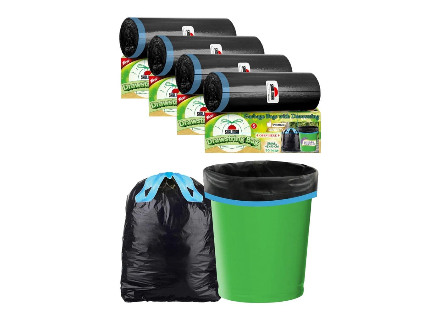 Shalimar Premium (Lavender Fragrance) Scented Drawstring Garbage Bags | Small 17 X 19 Inches | 120 Bags (30 Bags X 4 Rolls) | Dustbin Bag/Trash Bag | (Black) - Perforated Box for Easy Dispensing