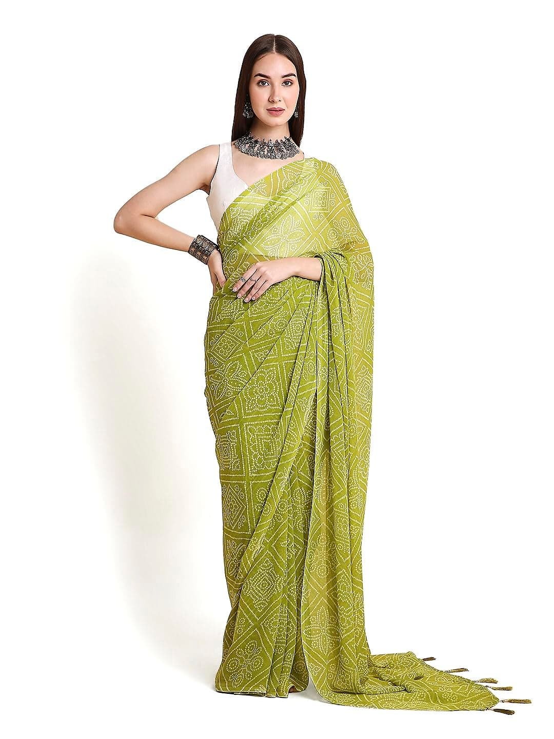 RATAN Women's Chiffon Bandhani Printed Saree without Blouse Piece (GZL-55035_Green)