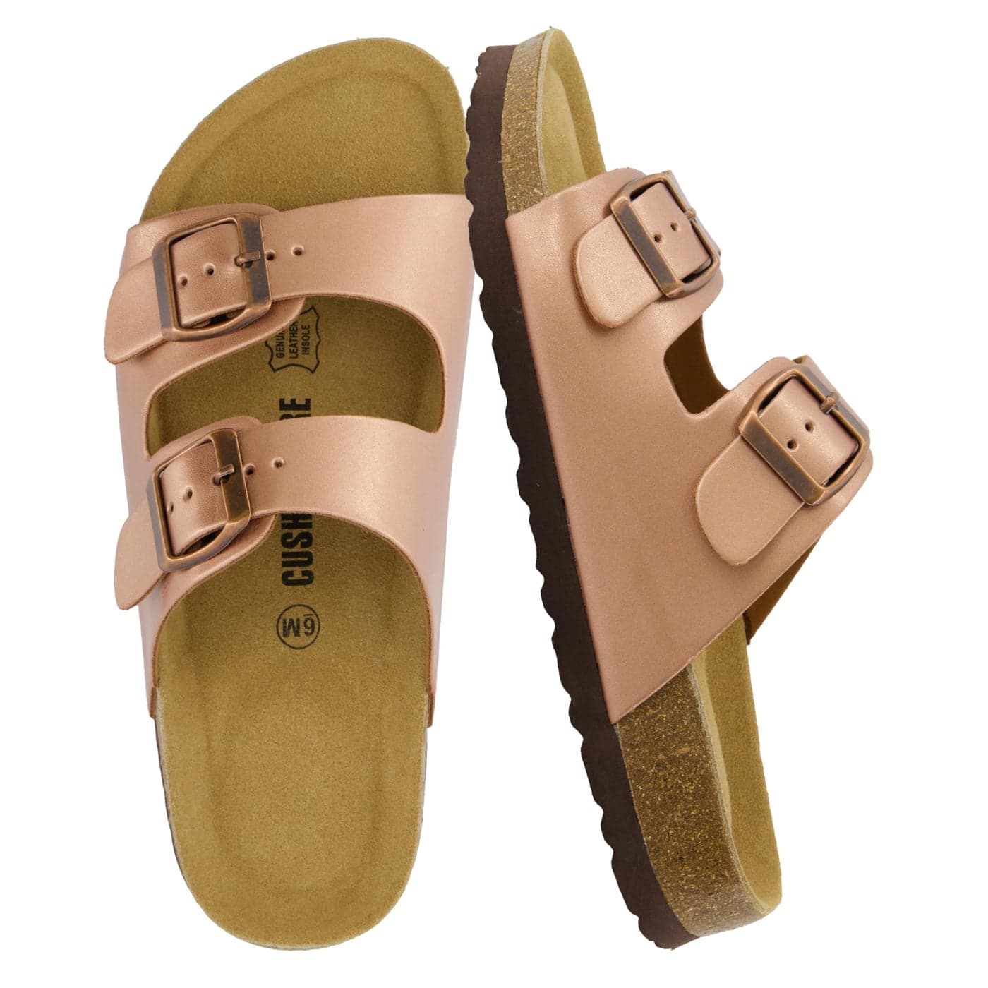 CUSHIONAIRE Lane Cork Footbed Sandals for Women Comfortable Double Buckle SlipOn with Genuine Suede Footbed Arch Support Slides for Women Footwear GOLD 85