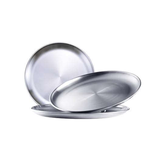 ICSTM Stainless Steel Plates,3Pcs 8Inch Dinner Dishes Plates Camping Plate,Perfect for Snack Candy Pizza Fruit Camping Etc Reusable and Dishwasher Safe (3, 8 inches)