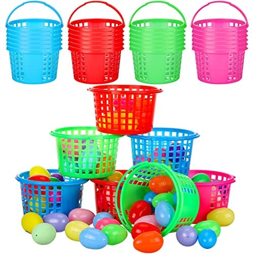 Karenhi 24 Pcs 8 Inch Large Plastic Easter Baskets Bulk with Handles Large Easter Bucket Bulk Multicolor Easter Plastic Basket Easter Hunt Basket for Easter Theme Party Supplies Eggs Hunt Gifts