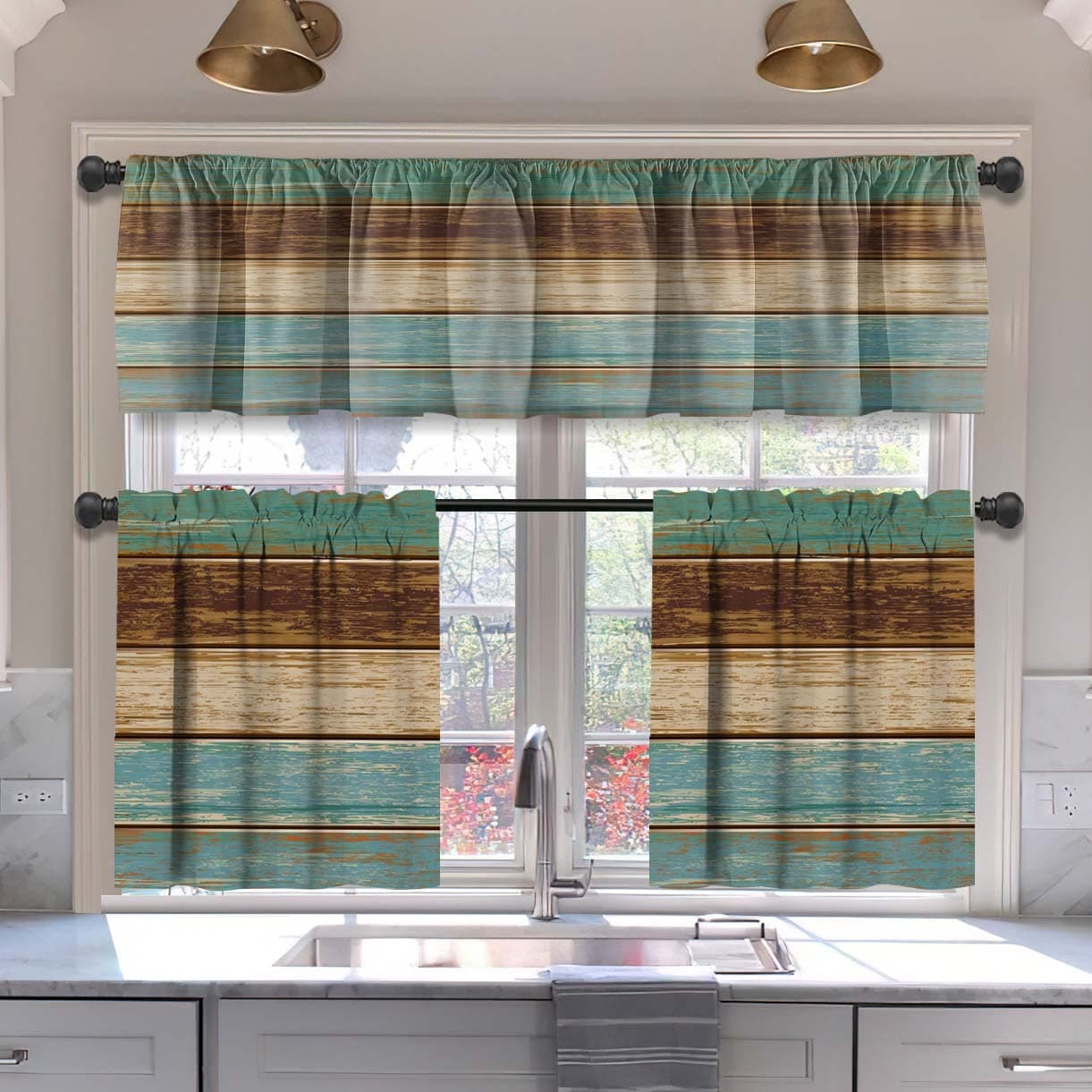 MCALK Teal and Brown Blackout Kitchen Curtains Tiers and Valances Set 3 Piece for Windows Farmhouse Kitchen Window Curtains SetWooden Texture Valances for Living Room36 Tiers Set