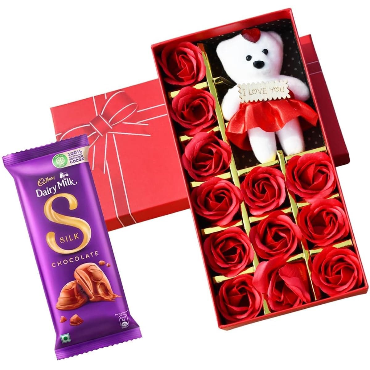 Saugat Traders Love GiftRed Roses Box With Soft Teddy And Chocolates For Girlfriend BoyfriendValentines Day Gift60 Grams