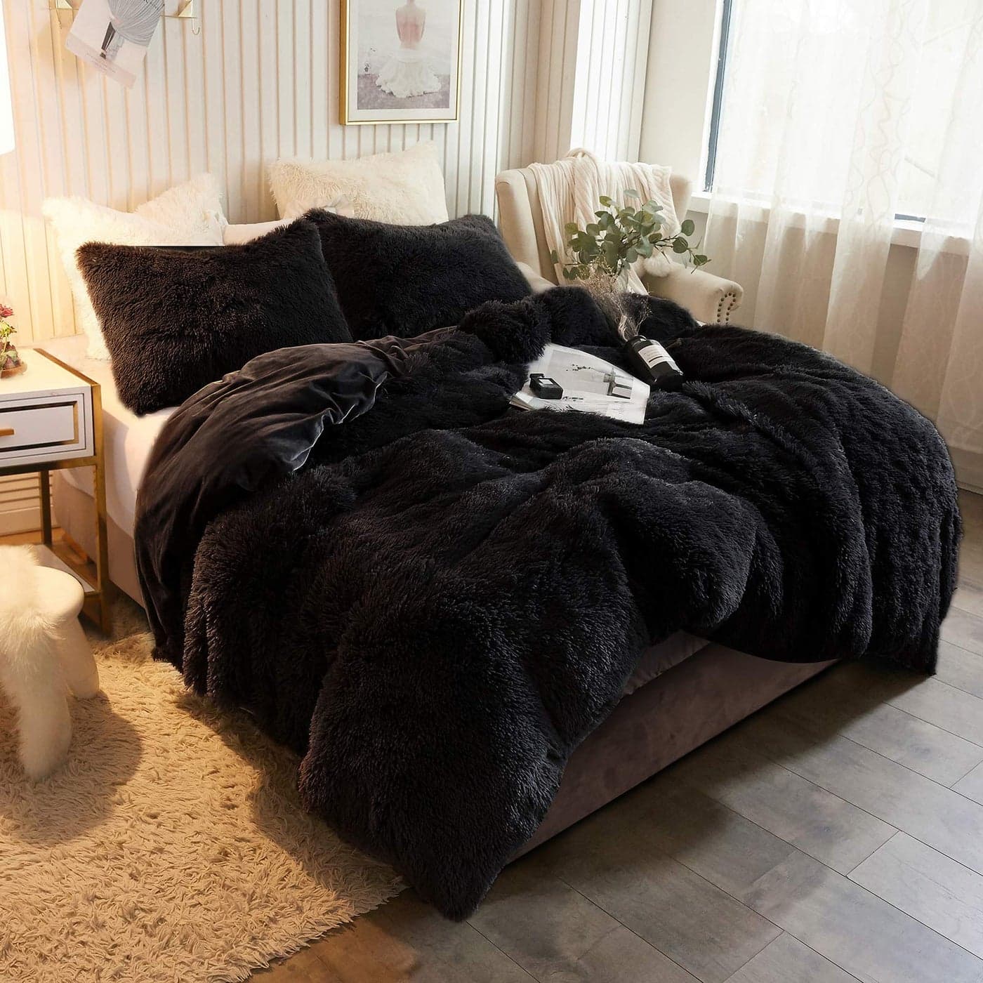 XeGe Plush Shaggy Duvet Cover Luxury Ultra Soft Crystal Velvet Fuzzy Bedding 1PC1 Faux Fur Duvet Cover Fluffy Furry Comforter Cover with Zipper ClosureKing Black