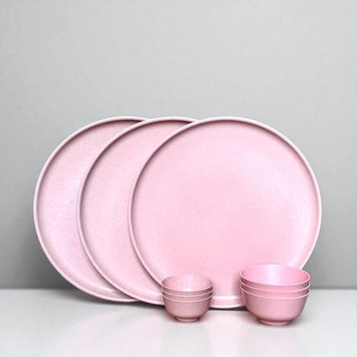 Happy Cove Solid Husk Eco Friendly 12 inch Dinner Plates|Rice Husk and Bamboo Fibre|Set of 3 with 3 Bowls (200ml) and 3 Bowls (100ml) - Durable, Microwave Safe, Chroma Pink