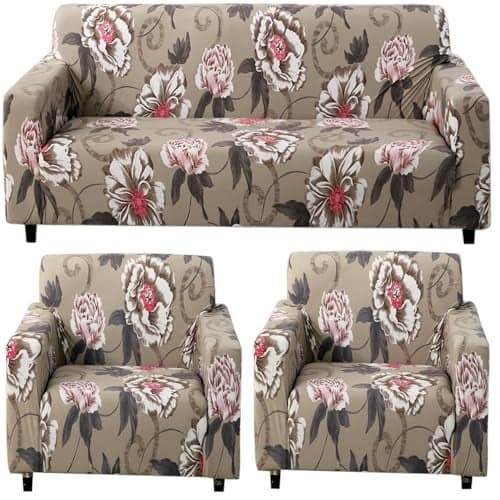 HOKIPO Polyester Blend Printed 5 Seater Fully Covered Sofa Cover in 3 Seater and 2 Seater Configuration, Frost Grey Marginata (AR-5128-D7 + AR-5129-D7)