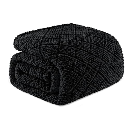 Whale Flotilla Fuzzy Fleece Queen Size Blanket for Bed, Soft Fluffy Jacquard Waffle Blankets for All Season, Lightweight and Warm, 90x90 Inch, Black