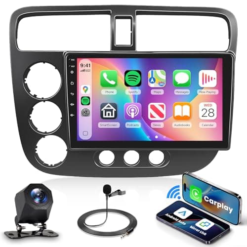 2G+64G Android 13 Car Stereo for Honda Civic 2001-2005 with Wireless Carplay Android Auto, 9 Inch Touch Screen Radio Support GPS, WiFi, Bluetooth, FM, SWC, Backup Camera