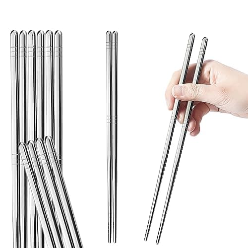 Tiokin Metal Chopsticks - 5 Pairs 9.5 Inch Premium Reusable Stainless Steel 304 Korean Square Lightweight Non-Slip Chop Sticks - Dishwasher Safe for Home, Kitchen, Hotel, Restaurant