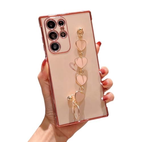 Omio for Galaxy S25 Ultra Cute Case for Women Girls, Luxury Plating Cover with Love-Heart Strap Bracelet Chain Grip Soft Glossy TPU Silicone Slim Phone Cover for Galaxy S25 Ultra Pink