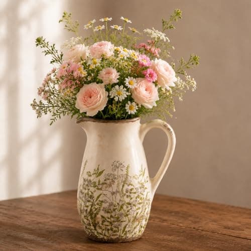 Vintage Green Ceramic Pitcher Vase with Handle 87 Farmhouse Floral Decorative Vase Rustic Table Centerpiece for French Country Grandmillennial Decor