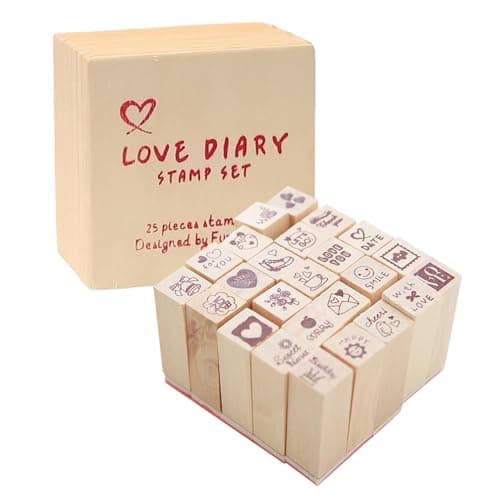 25Pcs Small Heart Shape Wooden Rubber Stamps with Box Mini Cute DIY Diary Stamps Set for Craft Decorating Scrapbooking and Wedding Invitation Cards Red 25pcs Love