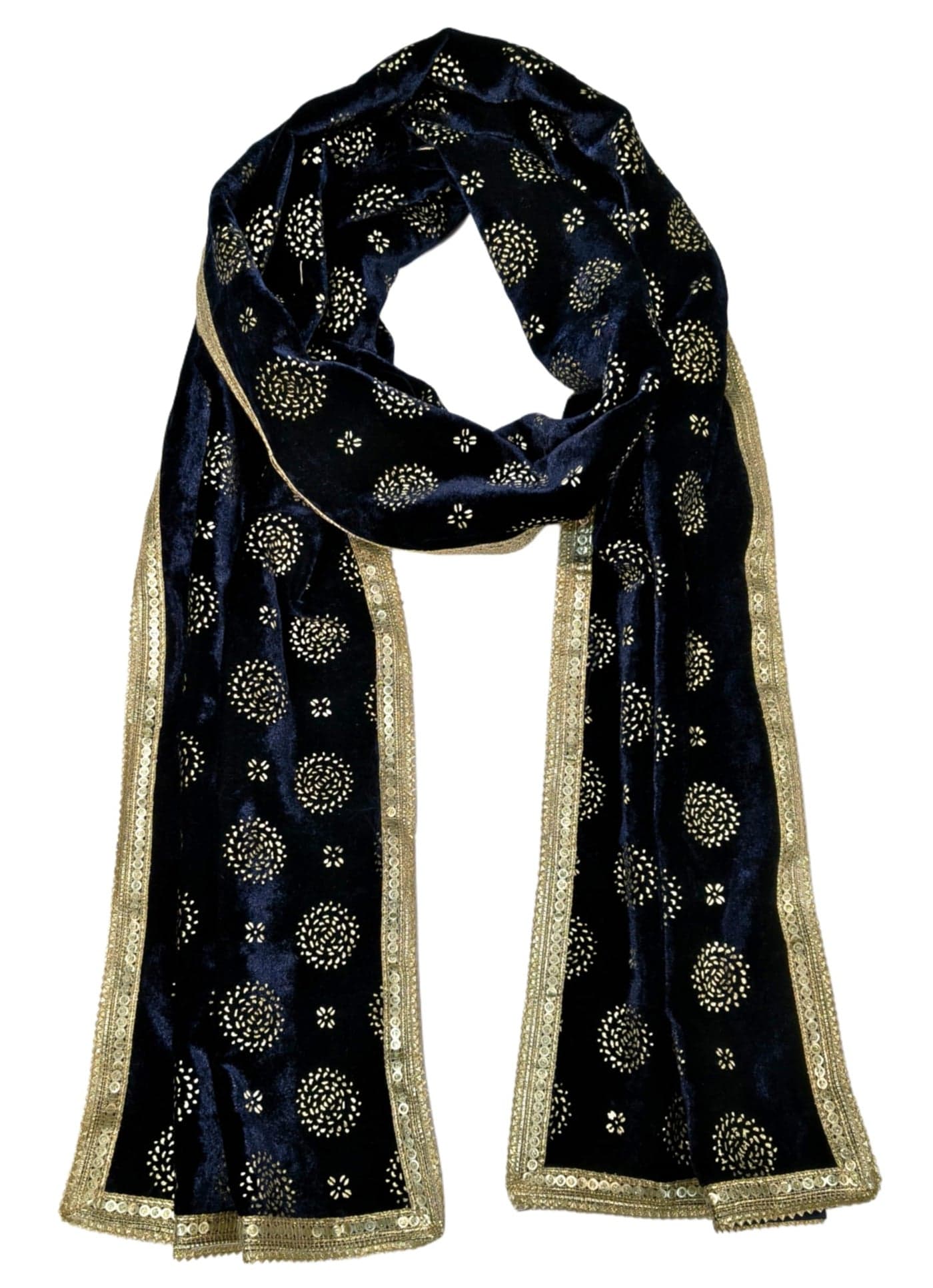 Navti Creations Men's Narrow Stole Dupatta With Round Golden Print in velvet for Kurta/Sherwani/Achkan/Suit (length-2.25m, Width -37cm) (Navy Blue)