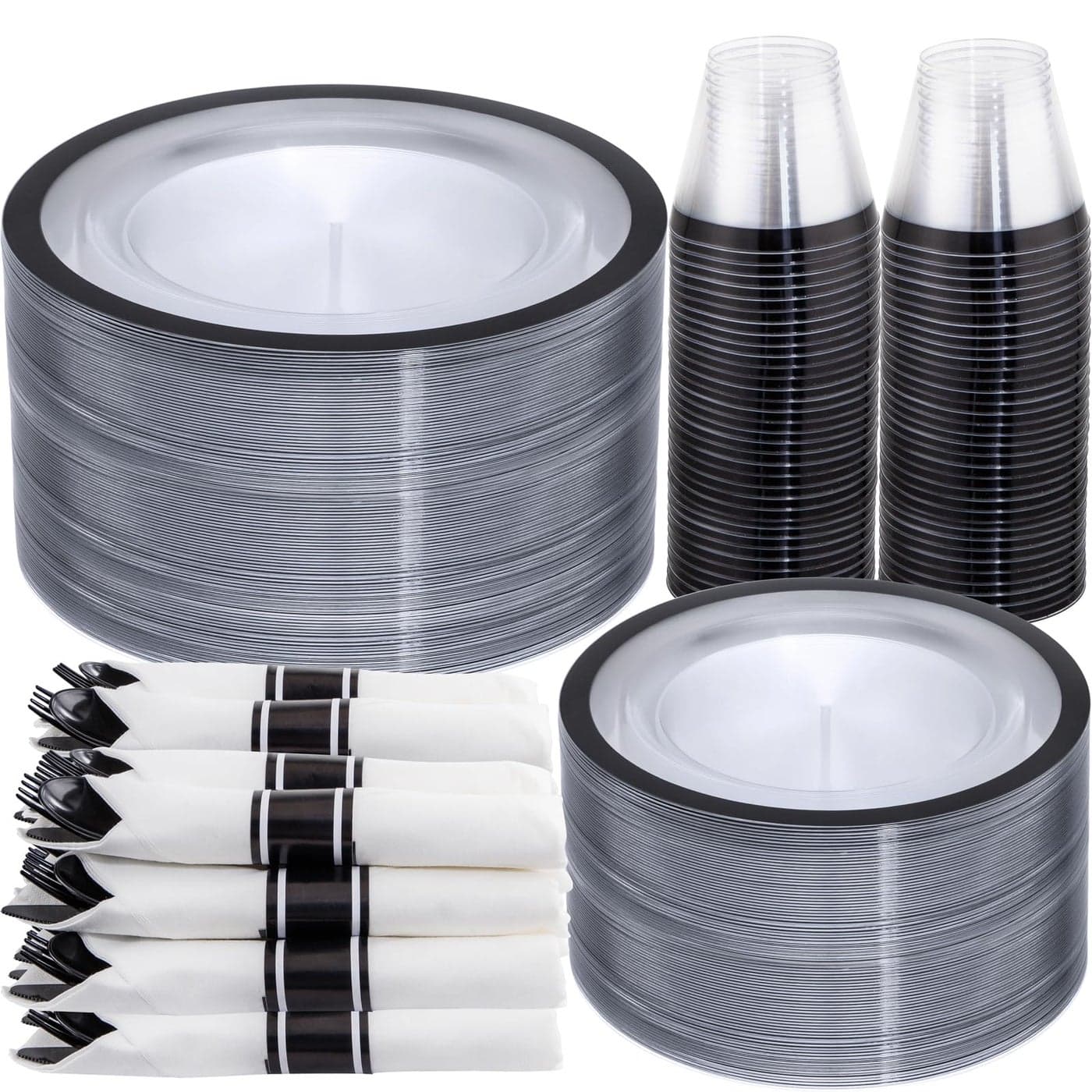 I00000 350 Pcs Clear and Black Plastic PlatesBlack Dinnerware Set Include 50 Dinner and 50 Dessert Plates50 Plastic Cups50 Per Rolled Napkins with Cutlery for Party