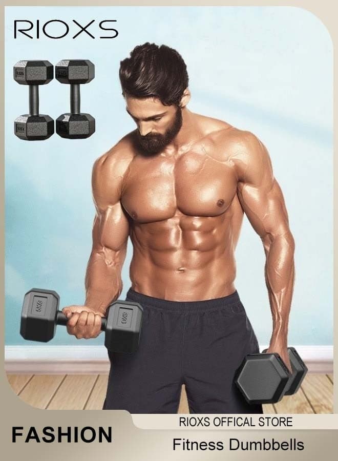 1Set Hexagonal Rubberised Dumbbells, 1kg 2kg Fitness Sports Training Dumbbells Pair, Non-slip Grip Fixed Weight for Home Gym Fitness Training, Muscle Strength and Endurance Exercise Equipment, Black — 2KG*2