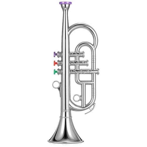 Lewtemi Silver ThreeValve Trumpet Musical Instruments Toy for Kid Toddler Fake Plastic Preschool Music Toy Gift Portable Wind Instrument Early Educational Teaching Songs Gifts for Toddlers Children