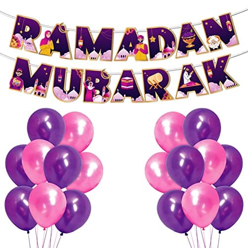 Festiko® Set of 26 Pcs Ramadan Mubarak Decoration Combo - (Banner/Balloons), Eid Decorations, Ramadan Decorations, Eid Party Banner