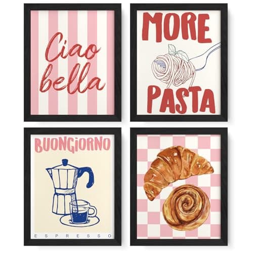 JXREQ Trendy Pink Coffee Decor Kitchen Wall Art Prints Set of 4 Italian Vintage Pasta Coffee Bar Cart Wall Decor 8x10 Unframed