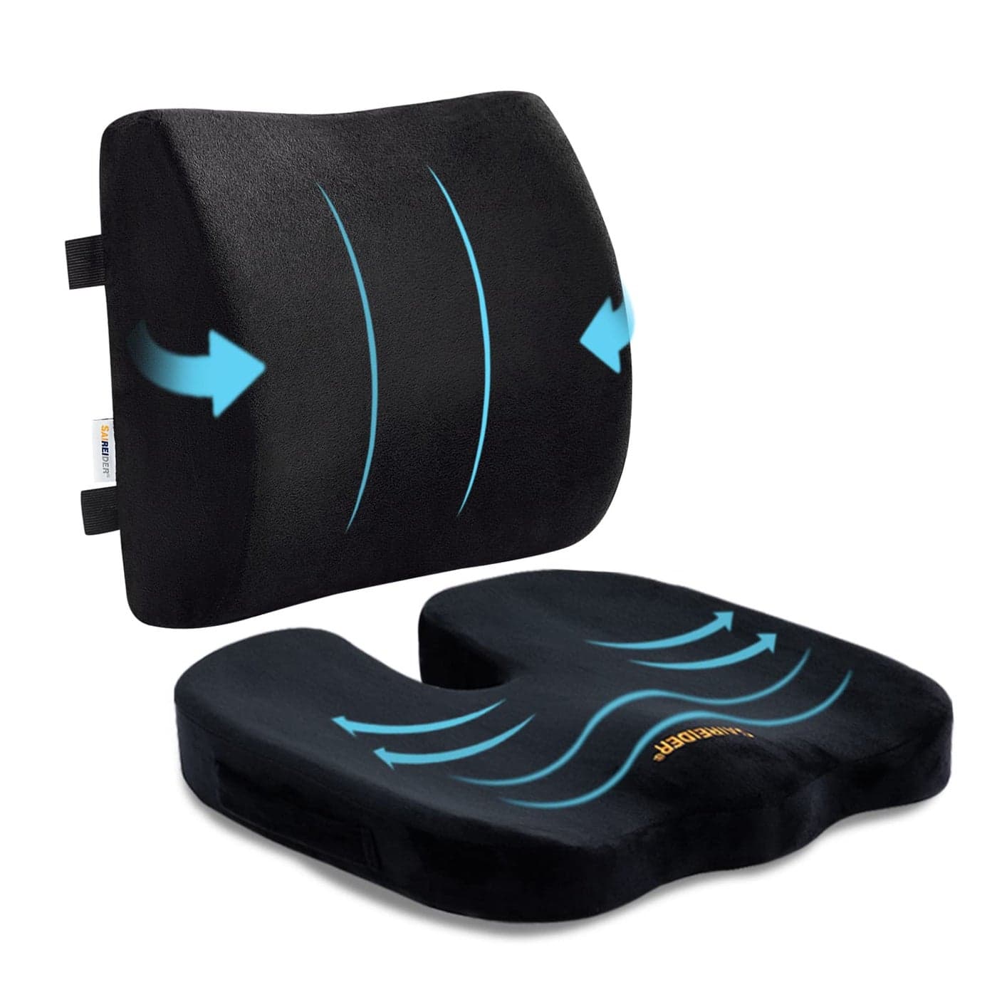 SAIREIDER Seat Cushion and Lumbar Support Pillow for Office Chair Memory Foam Car Seat Cushions Back Support Pillows Help Relieve Pain of Back Lumbar Tailbone and Sciatic NerveBlack