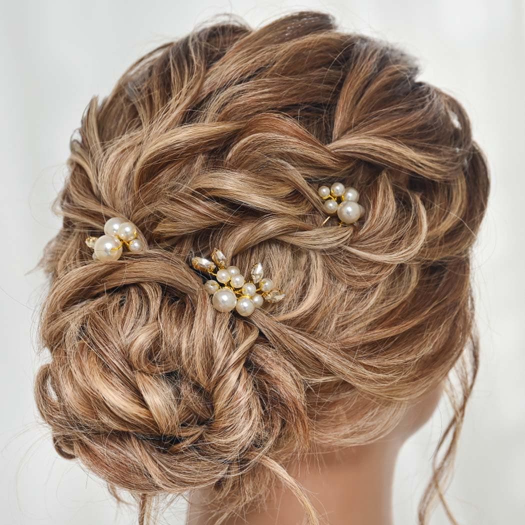 Kilshye Pearl Bride Wedding Hair Pins Gold Rhinestone Bridal Hair Pieces Crystal Prom Hair Accessories for Women and Girls Pack of 3 Gold