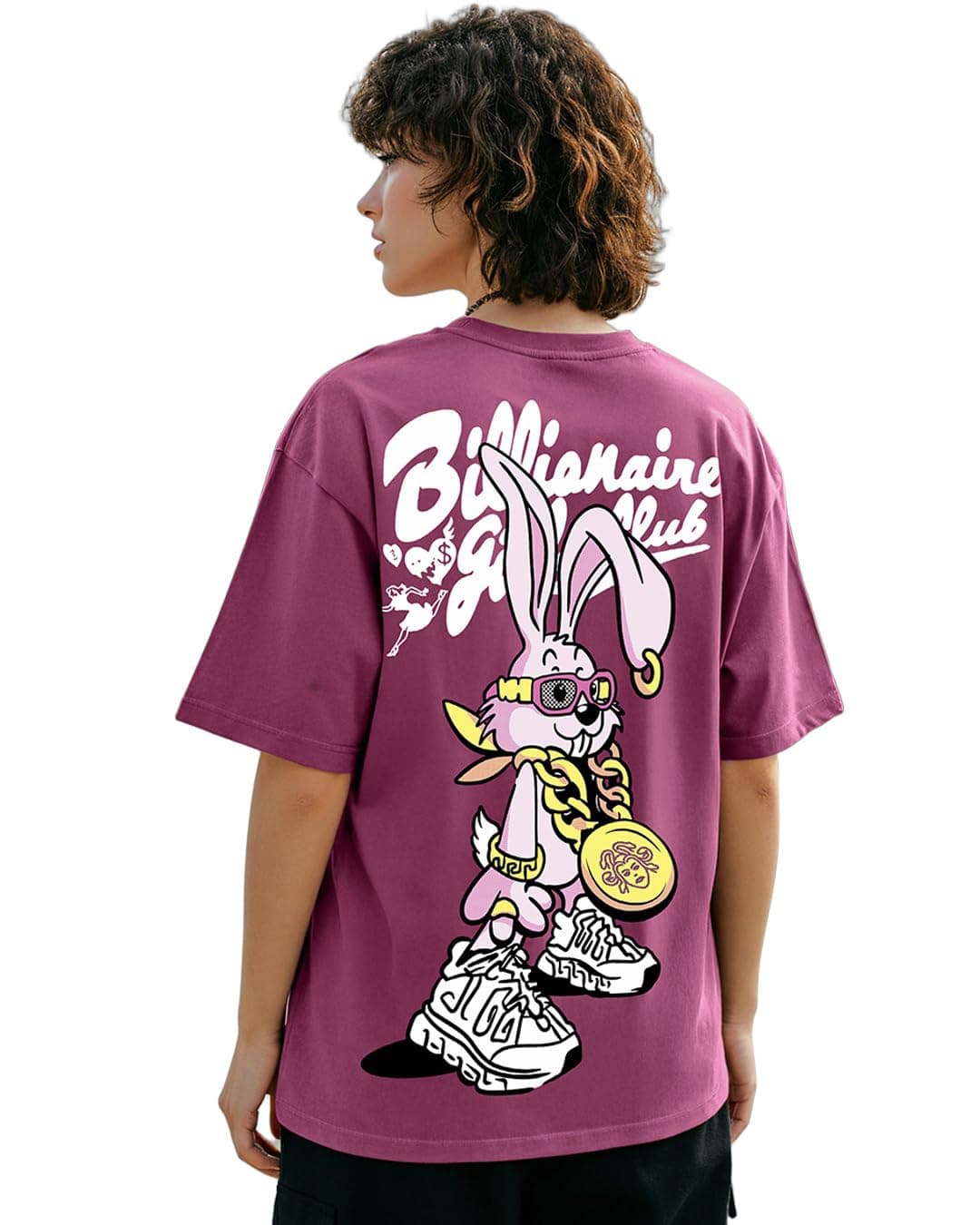 Bewakoof Women's Billionaire Girls Graphic Printed 100% Cotton T-Shirt - Oversized Fit, Round Neck, Half Sleeves_605543_Purple_L
