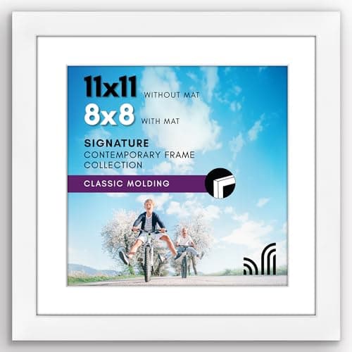 Americanflat 11x11 Picture Frame with Shatter-Resistant Glass - Use as 8x8 Frame with Mat or Display 11x11 Photo Without Mat - Signature Collection - Square Frames for Wall Display - White