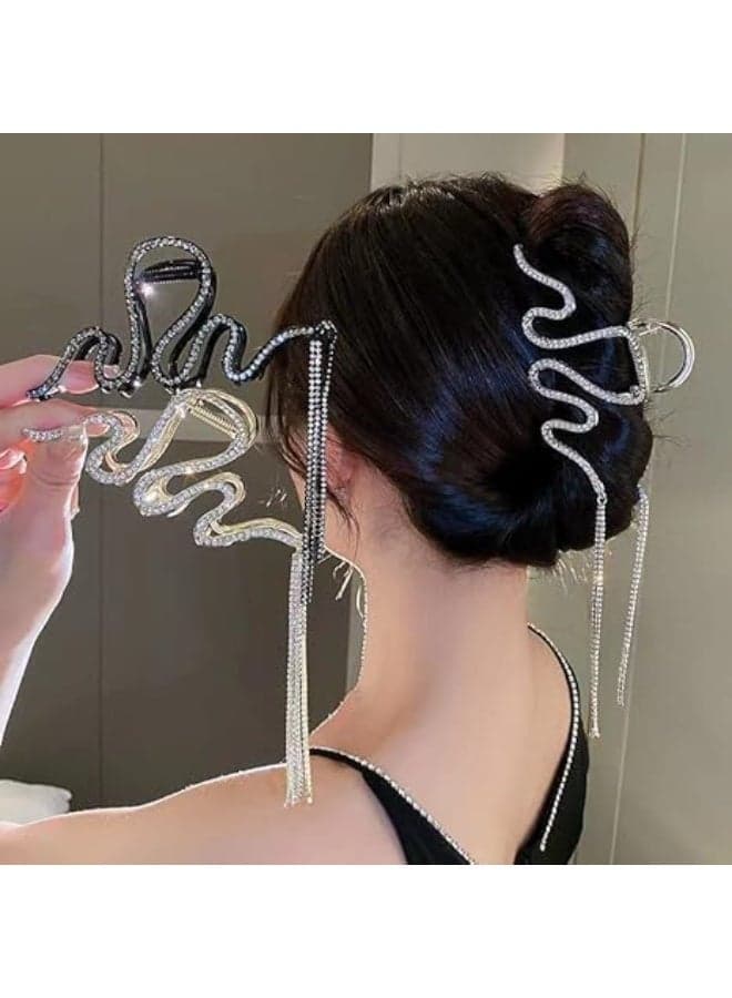 Rhinestone Hair Clips with Metal Tassel Chain, Large Rhinestone Hair Claw, Big Wave Hair Clip for Women Party, Hair Accessories Non-slip Snake Headwear (2 Pack, Silver, Black)