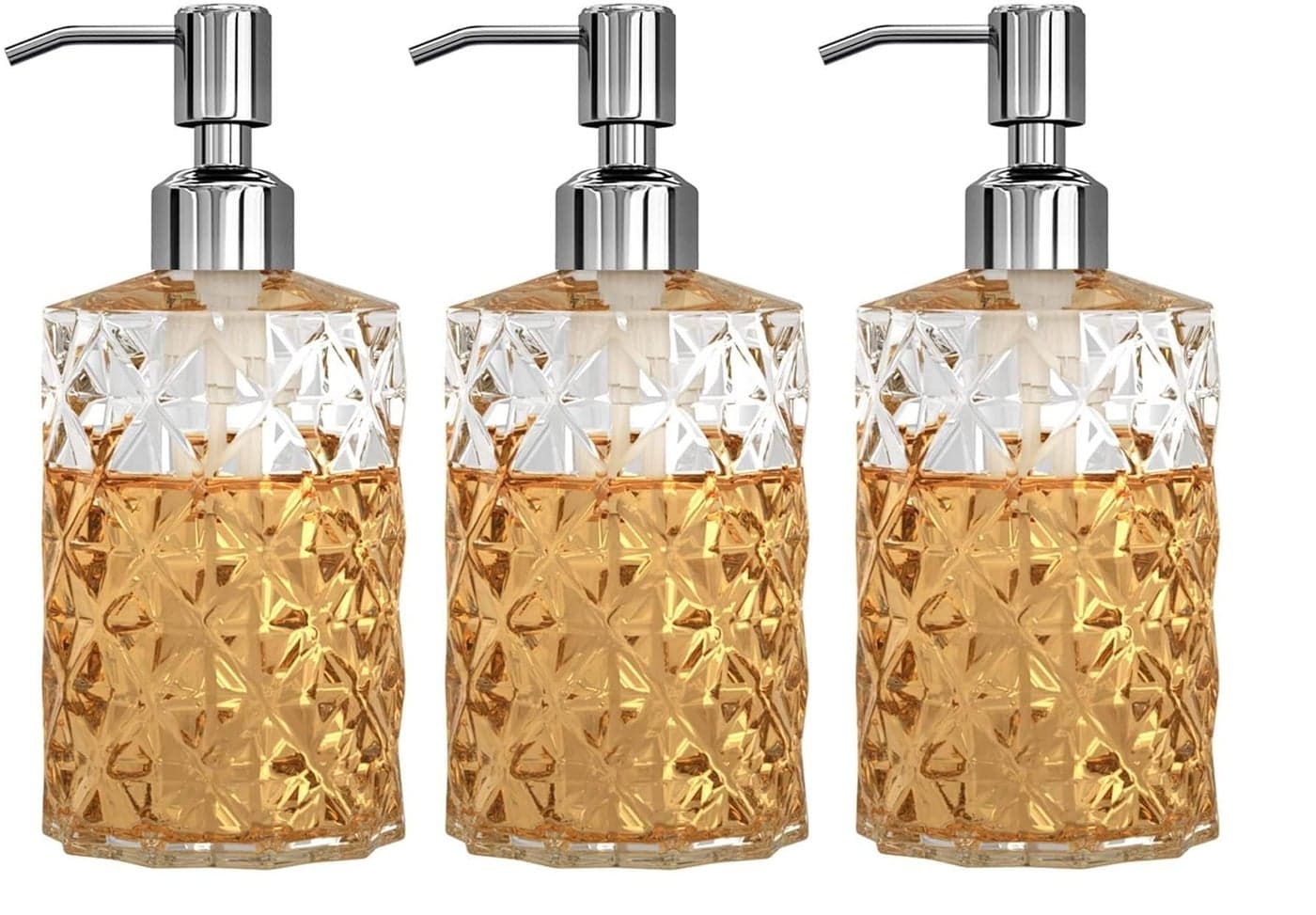 Luximal Pack of 3 Clear Glass Soap Dispenser Set for Bathroom, Wash Basin, Shampoo, Kitchen, Liquid Handwash Soap Dispenser Bottle with Premium ABS Plastic Pump - 400 ML (19 x 7 CM, Crystal Design)