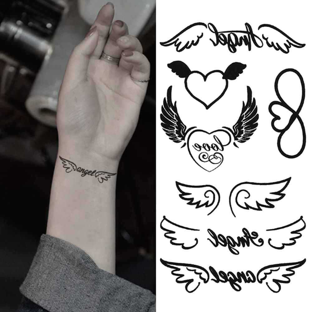 Oottati Small Cute Temporary Tattoo Sticker Set of 2 Angel Love Heart Wing Designs for Hand Neck Face Wrist Finger Waterproof Fake Body Art Simple Modern Unisex Skin Decals