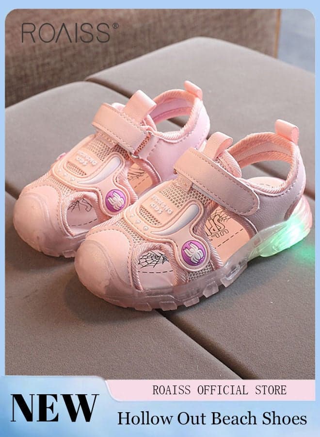 Children's Closed-Toe Sandals Soft Soles with Lights for Toddlers to Learn Walking Shoes Kick-Proof Beach Sandals Lightweight Velcro Design Comfortable Breathable Summer Casual Pink