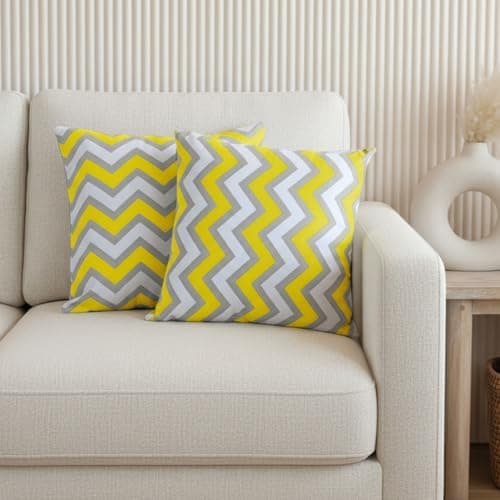 HOMEMONDE Throw Cushion Covers Premium Cotton Square Pillow Cover Printed Pillowcases Set Of 2 (Yellow Chevron, 16 X 16 Inches), 120 TC
