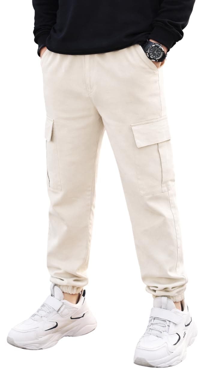 ADBUCKS Boys' Cotton Cargo Joggers – Soft, Casual Pants with Pockets II Boy's Relaxed Cargo Joggers Pants for Boy (in, Age, 7 Years, 8 Years, White)