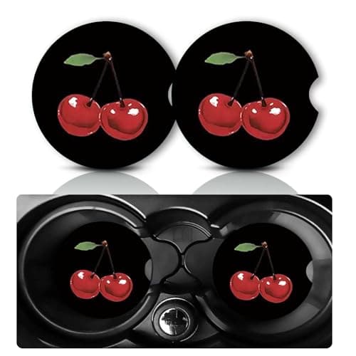 2Pack Cherry Car Cup Holder Coasters,Cars Coasters for Cup Holders,2.75" Universal Anti Slip Rubber Mat with Finger Slot,Cherry Car Accessories Interior Decor,Cherrys Gifts for Women,Men