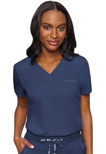 Med Couture Women's V-Neck Scrub Top, Modern Fit Tuck-in Top with Stretchy Rib-Knit Shoulders and Chest Pocket - MC7448, Navy, Small