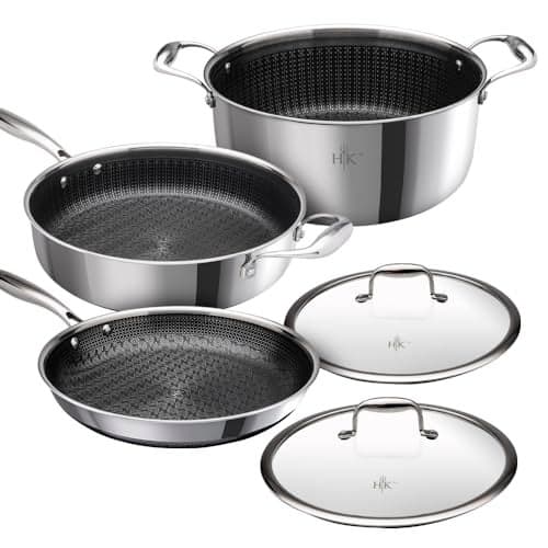 Hell's Kitchen Hybrid Cookware Set, Tri-Clad Stainless Steel and Nonstick Ceramic, PFAS Free, no PFOA, no PTFE, no Teflon, Non Toxic Cookware, Metal Utensil Safe, All Cooktops and Oven Safe