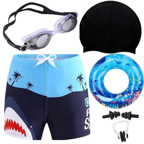 JMT Wear Kids 6-in-1 Water Activity Kit with Trunks, Silicone Cap, Anti-Fog Goggles, Swim Tube, Nose Clip & Earplugs –Swim Set for Boys Pool, Beach (Aged 8–10 Years, Black)