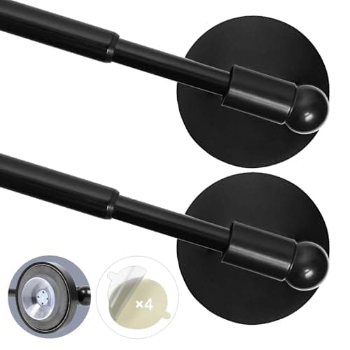 Heavy Duty Magnetic Curtain Rods for Metal Door (16-28" Pack 2 Black) Magnetic Cafe Curtain Rod with Strong Magnet & Suction-Cup (Patent Pending)