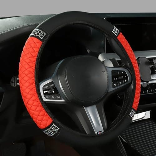 Tioollev Bling Car Steering Wheel Cover 15 Inch Rhinestones Soft Leather Elastic Steering Wheel Protector Universal 15 Inch for Women Girls Fit Vehicles Sedans SUVs Vans Trucks Red
