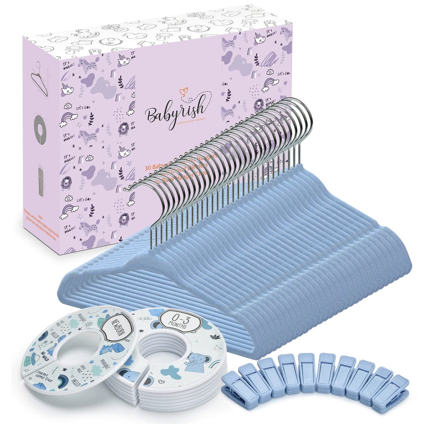 Babyrish Unisex Nursery Closet Organizer Set 30X Velvet Hangers for Baby Clothes with 8X Closet Size Dividers Newborn Infant to Toddler and 10X Hanger Clips All in Cute Box Blue